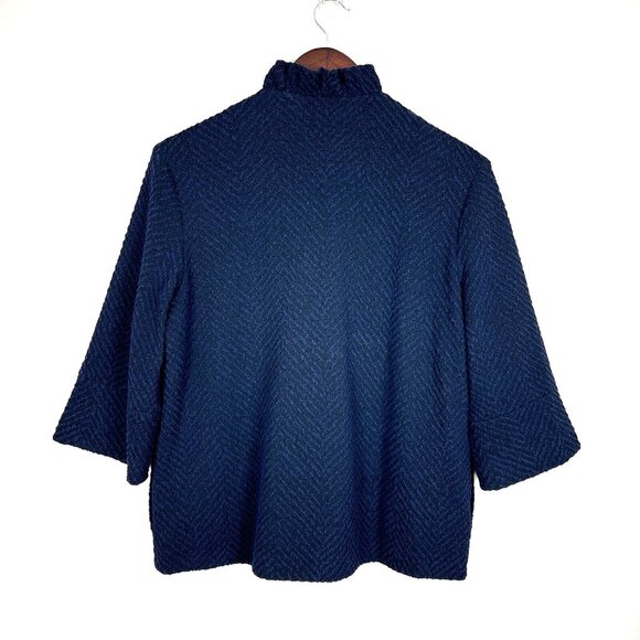 J McLaughlin Jacket Womens Medium Navy Black Button Up Texture 3/4 Sleeve Ruffle - Picture 5 of 8